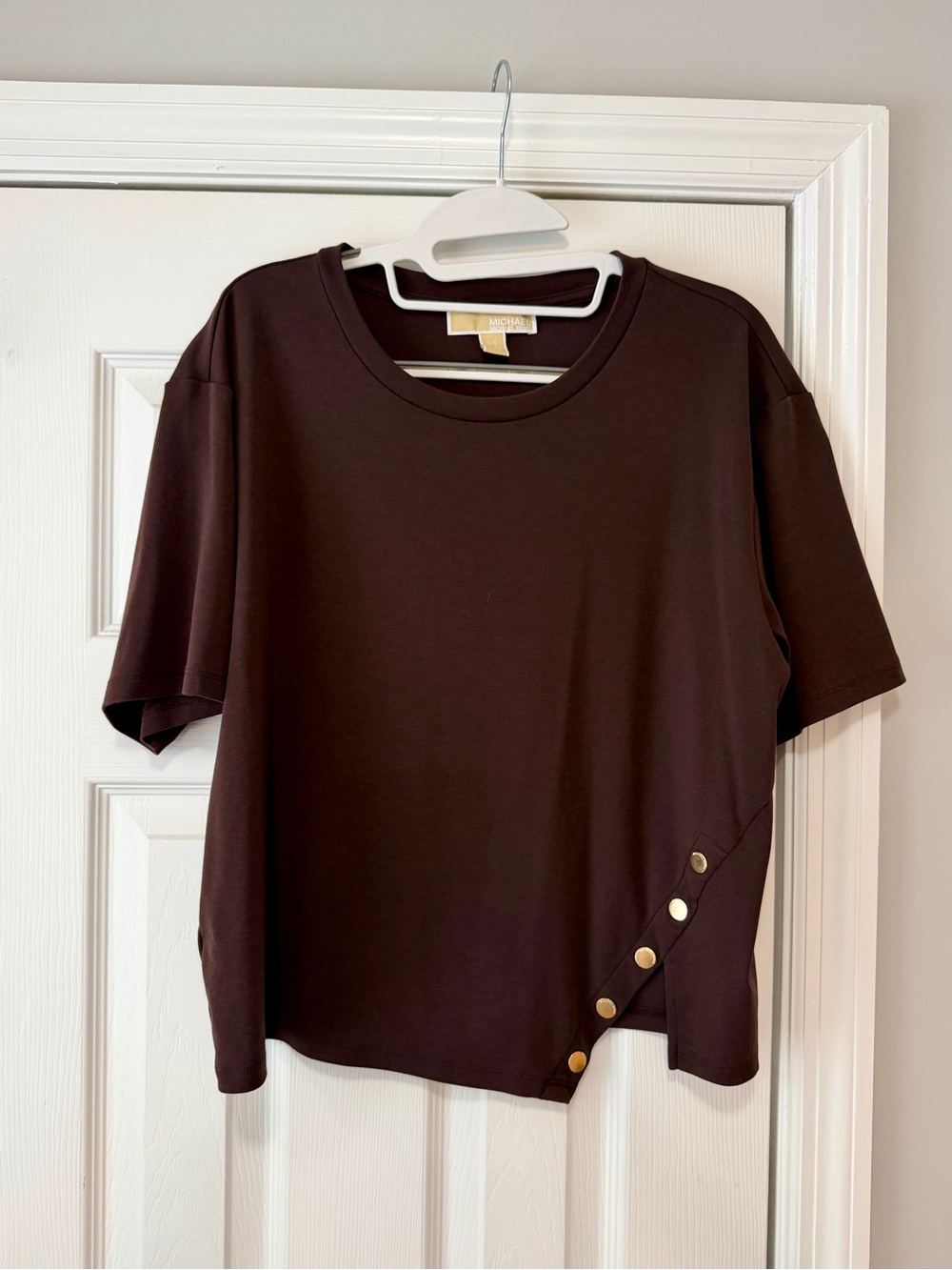 Michael Kors Brown Short Sleeve Tee with Gold Button Detail